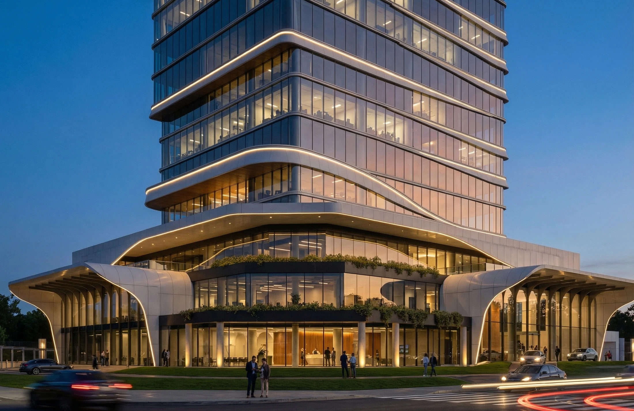 Architectural rendering of the main entrance to Goooing's new headquarters