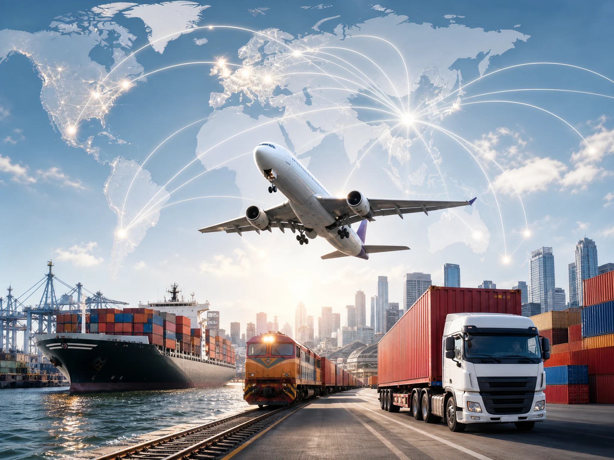 Illustration of international sea, air, rail and road logistics