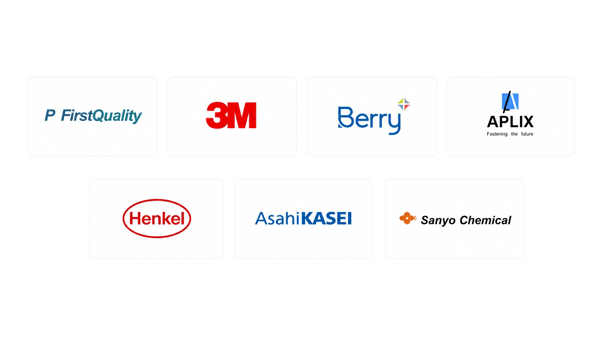 Global hygiene raw material partners including First Quality, 3M, Berry Global, APLIX, Henkel, Asahi Kasei and Sanyo Chemical