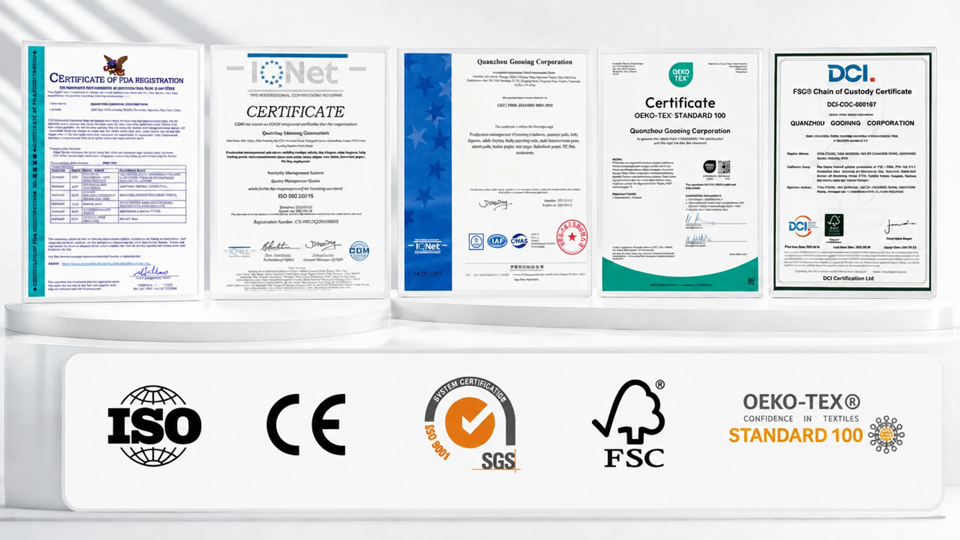 Goooing compliance certificates including PDA registration, ISO 9001, CE, SGS, FSC and OEKO-TEX Standard 100