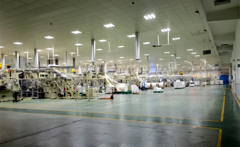 Large hygiene product production workshop with multiple converting lines