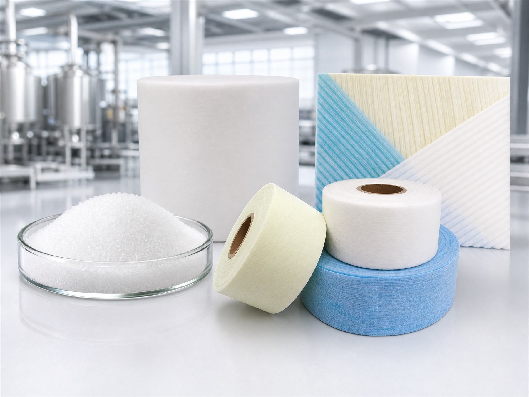 Hygiene raw materials including nonwoven rolls, absorbent polymer and layered materials