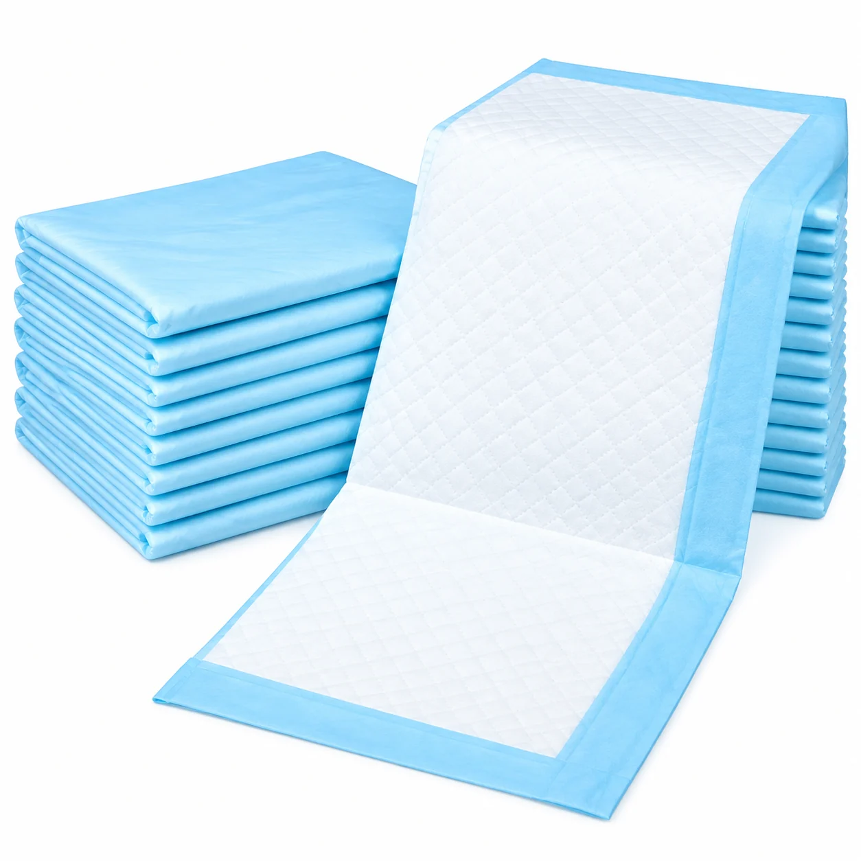 Blue waterproof backing of an adult disposable under pad