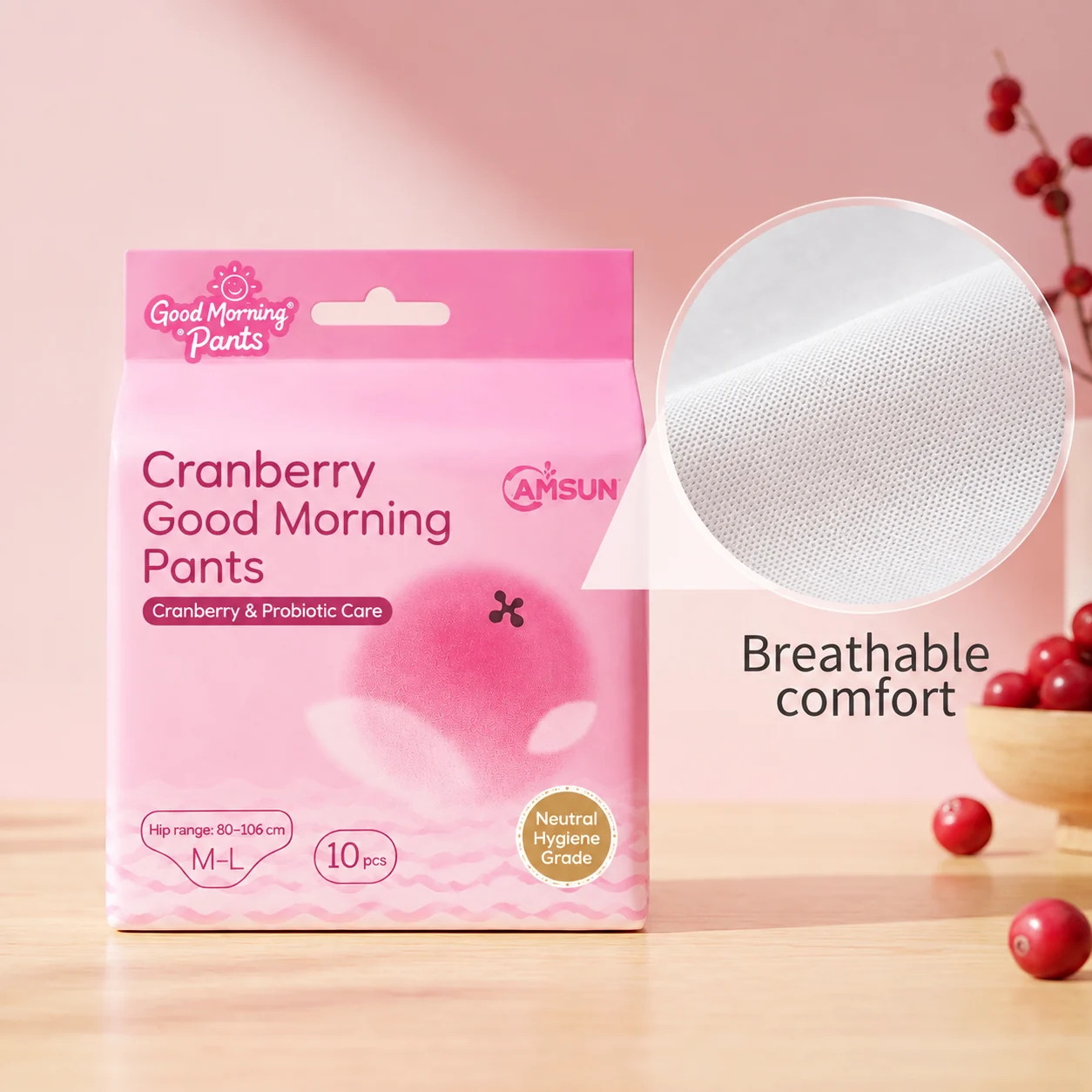 AMSUN cranberry good morning pants packaging and microbiome care concept